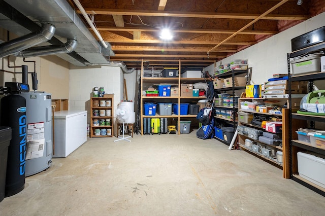791 Highland Rd, Windom, MN 56101 - unfinished basement featuring water heater, fridge, and concrete block wall