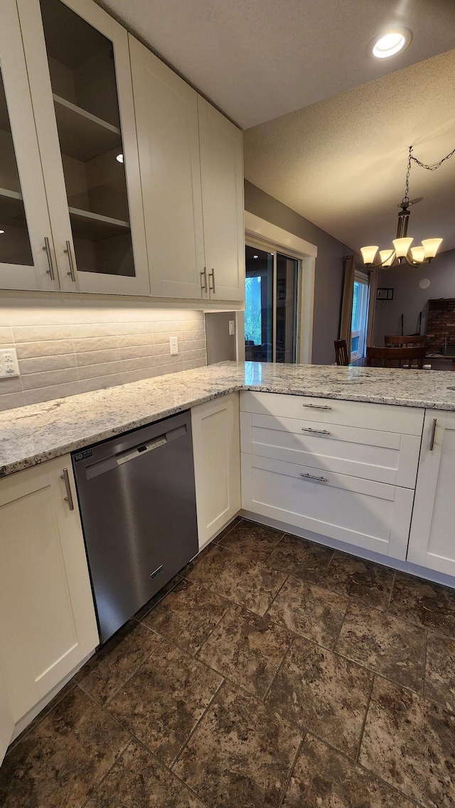 2339 2nd Ave SW, Rochester, MN 55902 - kitchen featuring stainless steel dishwasher, decorative backsplash, glass insert cabinets, white cabinets, and a textured ceiling