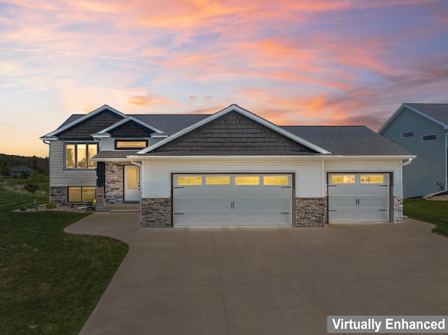 409 10th St NW, Dodge Center, MN 55927 - craftsman inspired home featuring stone siding, concrete driveway, a garage, and a yard