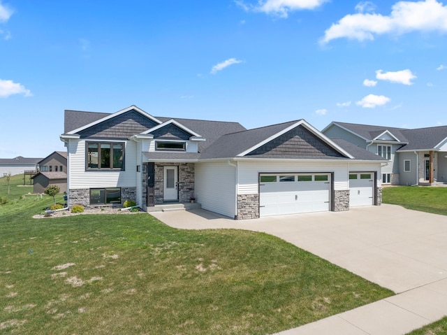 409 10th St NW, Dodge Center, MN 55927 - craftsman house with stone siding, an attached garage, concrete driveway, and a front yard