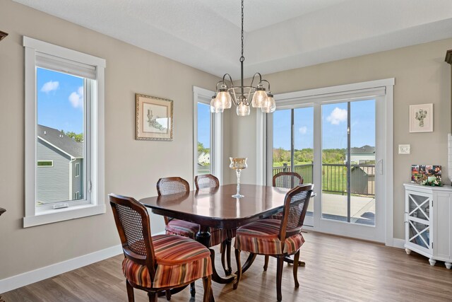 409 10th St NW, Dodge Center, MN 55927 - dining area with wood finished floors, baseboards, a chandelier, and plenty of natural light