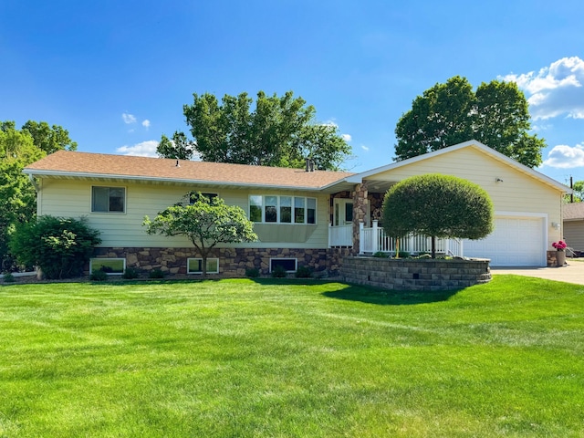 ranch-style home with a front lawn, a garage, concrete driveway, and stone siding