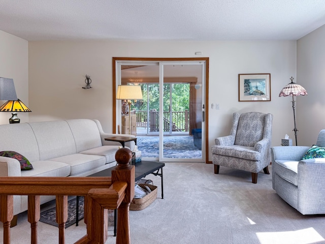 living area featuring light carpet