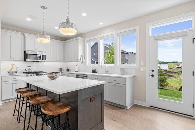 5068 Airlake Draw, Woodbury, MN 55129 - kitchen with appliances with stainless steel finishes, a sink, light wood-type flooring, decorative backsplash, and a kitchen breakfast bar