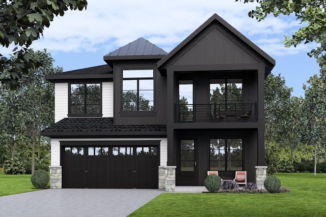 view of front of home with a balcony, a front yard, an attached garage, and driveway
