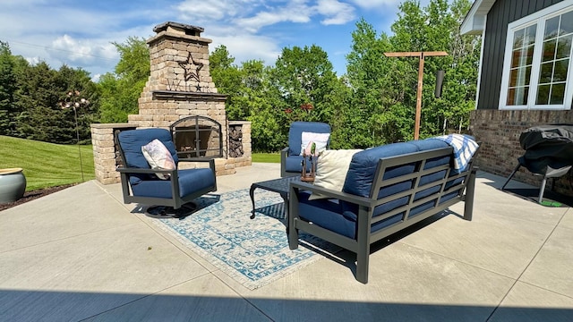 33401 Lakes Trl, Chisago Lake Twp, MN 55045 - view of patio with an outdoor living space with a fireplace and a grill