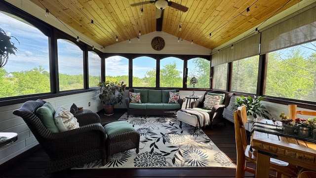 33401 Lakes Trl, Chisago Lake Twp, MN 55045 - sunroom featuring a ceiling fan, vaulted ceiling, an outdoor hangout area, and healthy amount of natural light