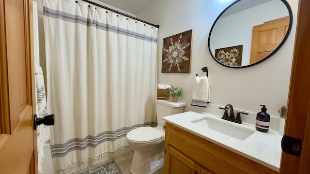 33401 Lakes Trl, Chisago Lake Twp, MN 55045 - bathroom featuring toilet, vanity, a shower with shower curtain, and tile patterned flooring