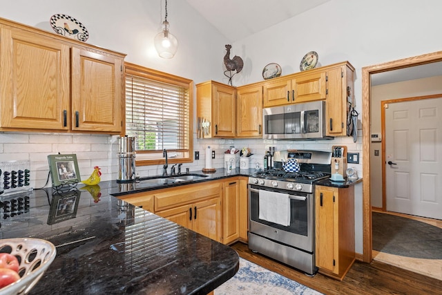 33401 Lakes Trl, Chisago Lake Twp, MN 55045 - kitchen with appliances with stainless steel finishes, a sink, vaulted ceiling, dark wood-style flooring, and decorative backsplash