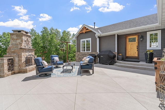 33401 Lakes Trl, Chisago Lake Twp, MN 55045 - view of patio with an outdoor living space with a fireplace and area for grilling