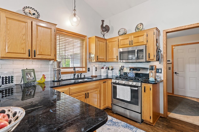 33401 Lakes Trl, Chisago Lake Twp, MN 55045 - kitchen featuring stainless steel appliances, a sink, vaulted ceiling, dark wood finished floors, and decorative backsplash