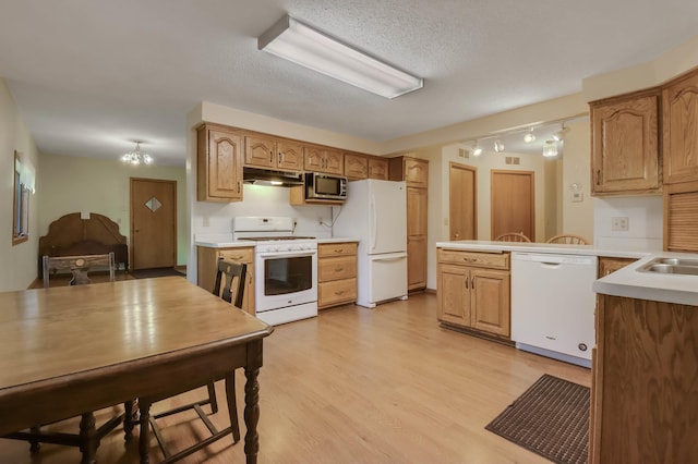 607 Wilson St, Downing, WI 54734 - kitchen featuring white appliances, under cabinet range hood, light countertops, and a peninsula