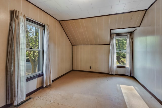 607 Wilson St, Downing, WI 54734 - bonus room with healthy amount of natural light, vaulted ceiling, baseboards, concrete flooring, and wooden walls