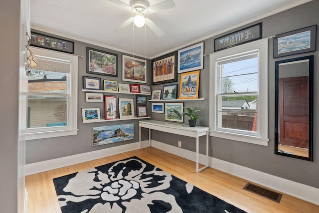 4613 34th Ave S, Minneapolis, MN 55406 - office space with a ceiling fan, crown molding, wood finished floors, and baseboards