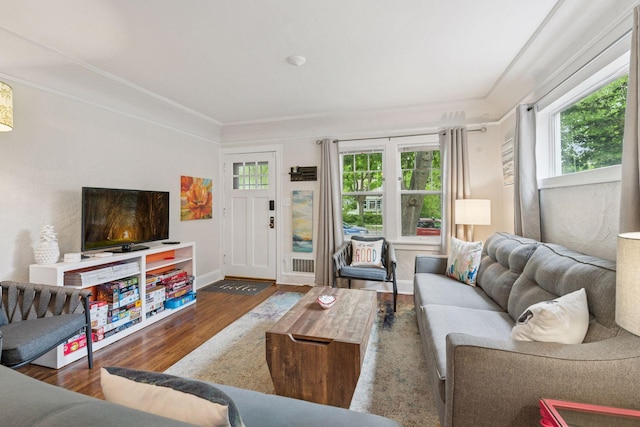 4613 34th Ave S, Minneapolis, MN 55406 - living room featuring wood finished floors, crown molding, and baseboards