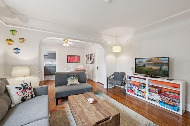 4613 34th Ave S, Minneapolis, MN 55406 - living room featuring arched walkways, wood finished floors, a ceiling fan, and baseboards