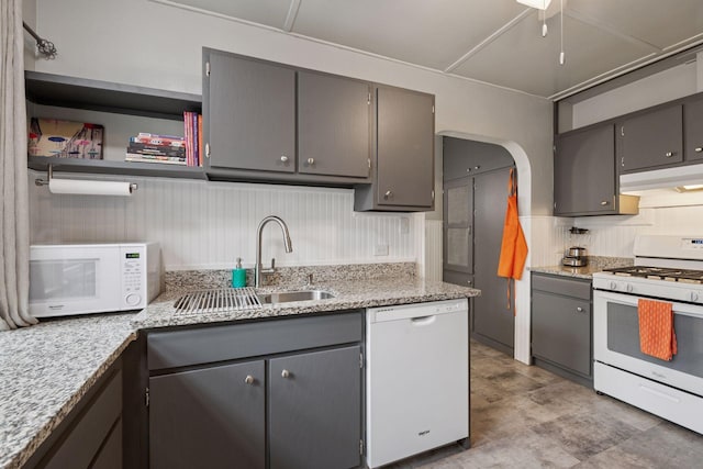 4613 34th Ave S, Minneapolis, MN 55406 - kitchen with white appliances, a sink, under cabinet range hood, and gray cabinets