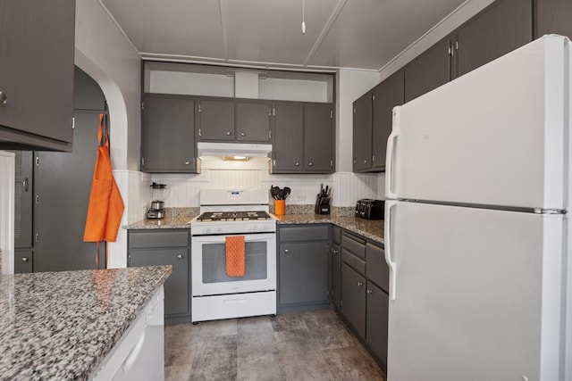 4613 34th Ave S, Minneapolis, MN 55406 - kitchen featuring white appliances, under cabinet range hood, gray cabinets, and light stone counters