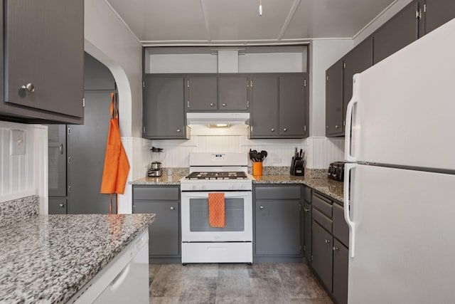 4613 34th Ave S, Minneapolis, MN 55406 - kitchen featuring white appliances, under cabinet range hood, light stone counters, and gray cabinets