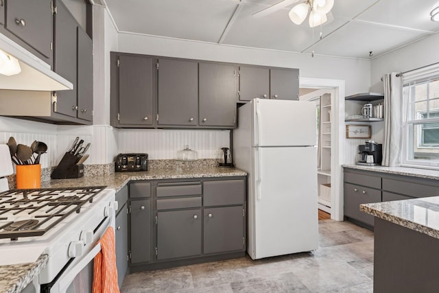 4613 34th Ave S, Minneapolis, MN 55406 - kitchen with white appliances, under cabinet range hood, gray cabinetry, and a ceiling fan