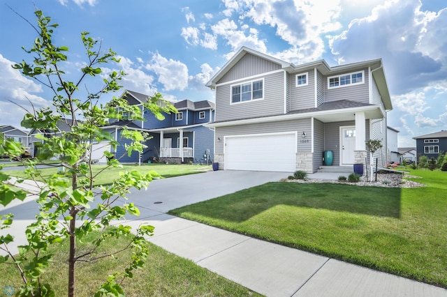 view of front of house featuring a garage, driveway, a front lawn, stone siding, and central AC unit