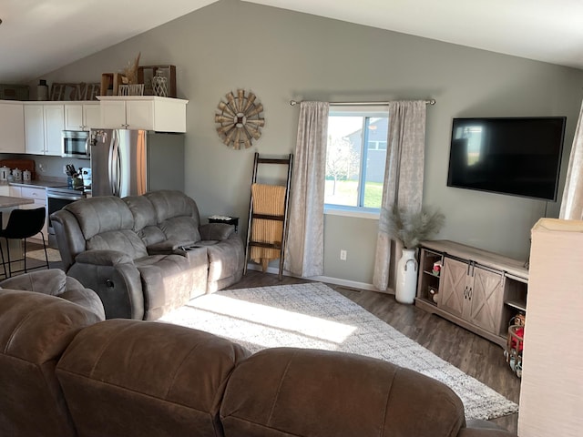 1218 8th Ave NW, Perham, MN 56573 - living area featuring lofted ceiling, dark wood-type flooring, and baseboards