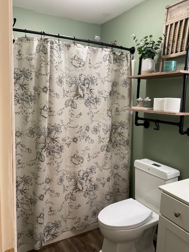 1218 8th Ave NW, Perham, MN 56573 - bathroom with toilet, wood finished floors, vanity, and a shower with shower curtain