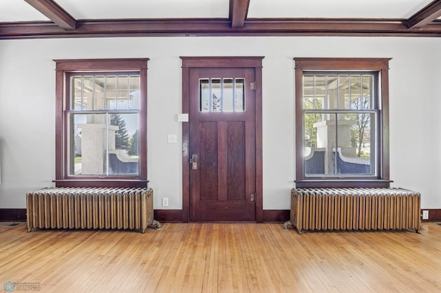 12 2nd St E, Ada, MN 56510 - foyer with radiator heating unit, light wood-type flooring, beamed ceiling, and plenty of natural light