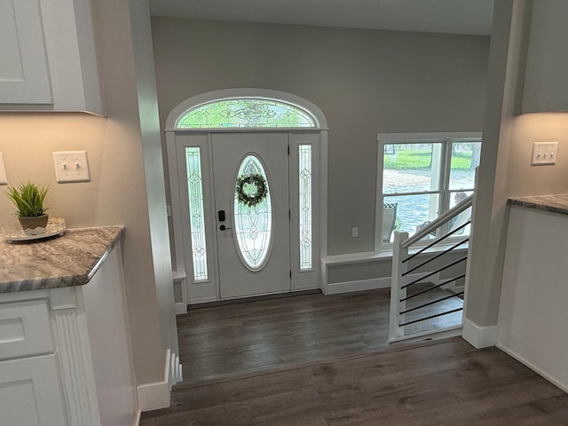 4615 County Road 5 NW, Byron, MN 55920 - foyer entrance with dark wood finished floors, baseboards, and stairs