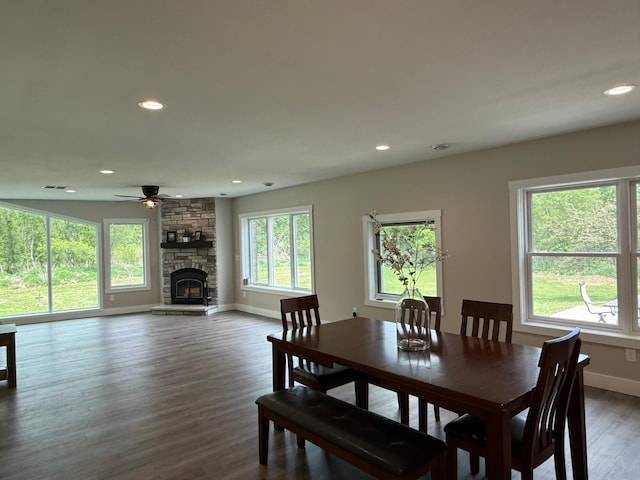 4615 County Road 5 NW, Byron, MN 55920 - dining space featuring a ceiling fan, baseboards, recessed lighting, a stone fireplace, and wood finished floors