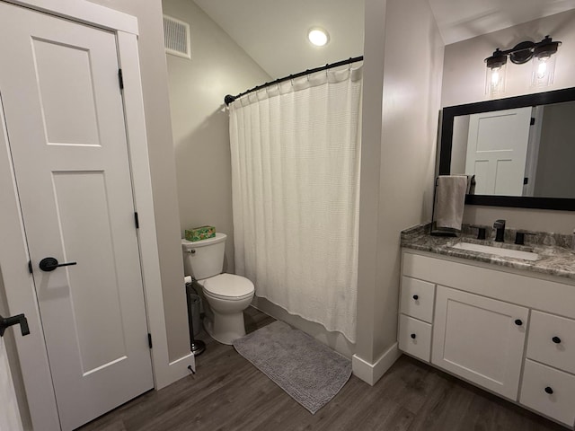 4615 County Road 5 NW, Byron, MN 55920 - full bath with wood finished floors, toilet, vanity, baseboards, and a shower with curtain