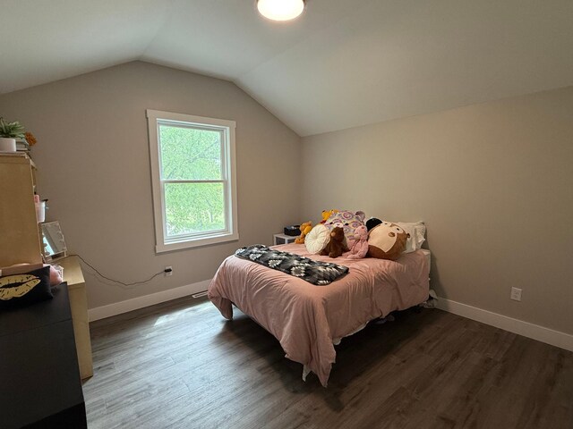 4615 County Road 5 NW, Byron, MN 55920 - bedroom featuring wood finished floors, vaulted ceiling, and baseboards