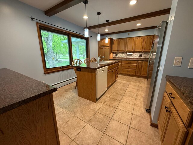4615 County Road 5 NW, Byron, MN 55920 - kitchen featuring a baseboard radiator, a sink, dishwasher, beamed ceiling, and brown cabinets