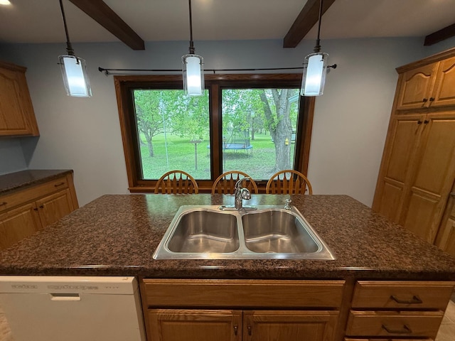4615 County Road 5 NW, Byron, MN 55920 - kitchen featuring dishwasher, a sink, beamed ceiling, healthy amount of natural light, and pendant lighting