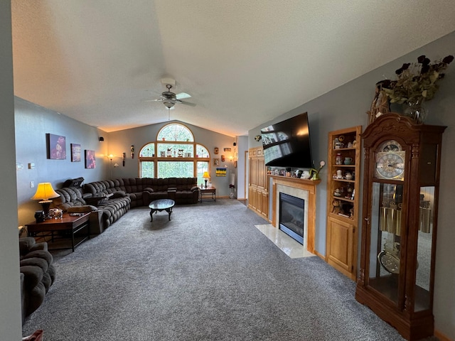 6158 Forest Boulevard Trl, Wyoming, MN 55092 - living room with carpet floors, lofted ceiling, a ceiling fan, and a fireplace