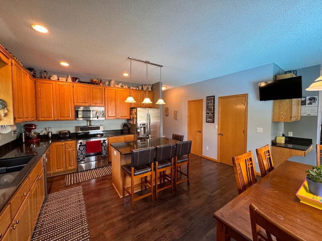 6158 Forest Boulevard Trl, Wyoming, MN 55092 - kitchen featuring stainless steel appliances, dark countertops, a textured ceiling, dark wood-type flooring, and a sink