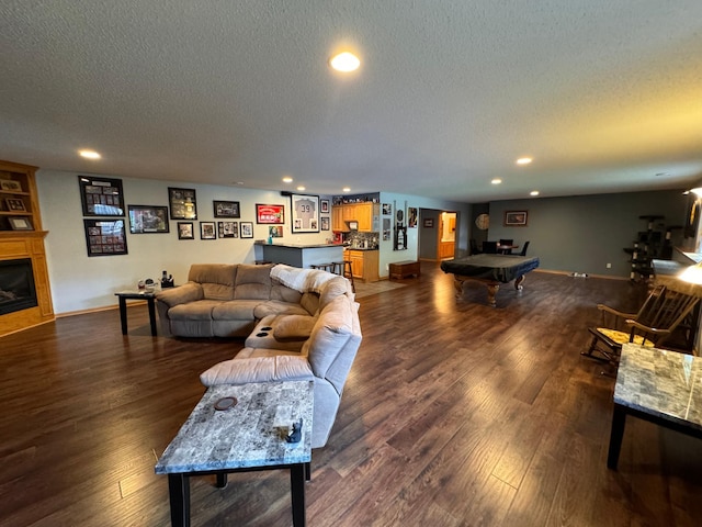 6158 Forest Boulevard Trl, Wyoming, MN 55092 - living room featuring a textured ceiling, a dry bar, recessed lighting, pool table, and dark wood-style flooring
