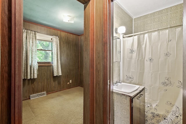 15910 201st Ave NW, Big Lake Twp, MN 55330 - bathroom featuring vanity, ornamental molding, baseboards, and wood walls