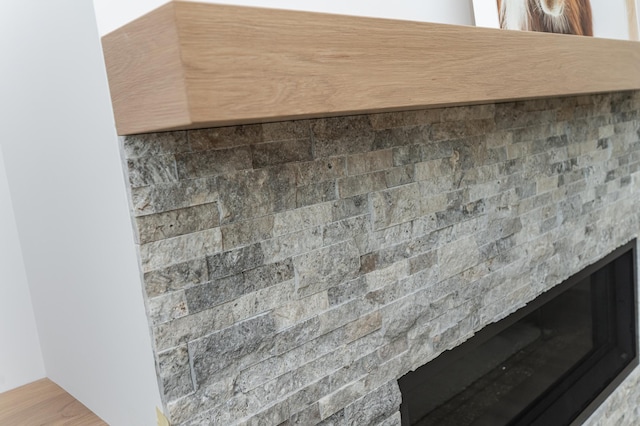 detailed view of a glass covered fireplace and wood finished floors