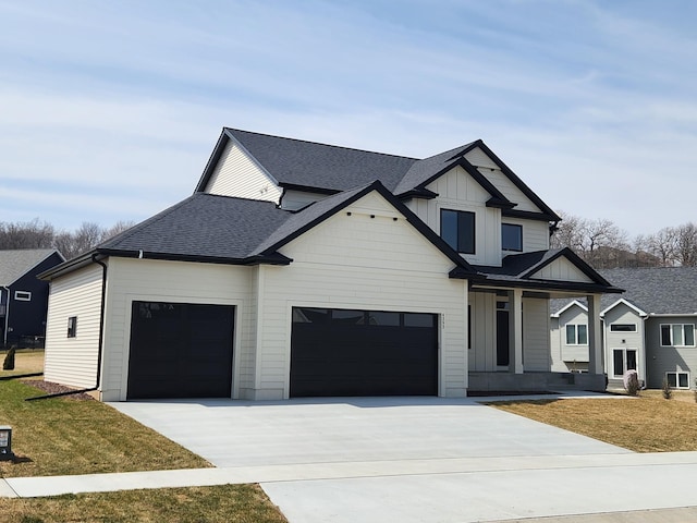 modern farmhouse with driveway, an attached garage, board and batten siding, a porch, and a shingled roof