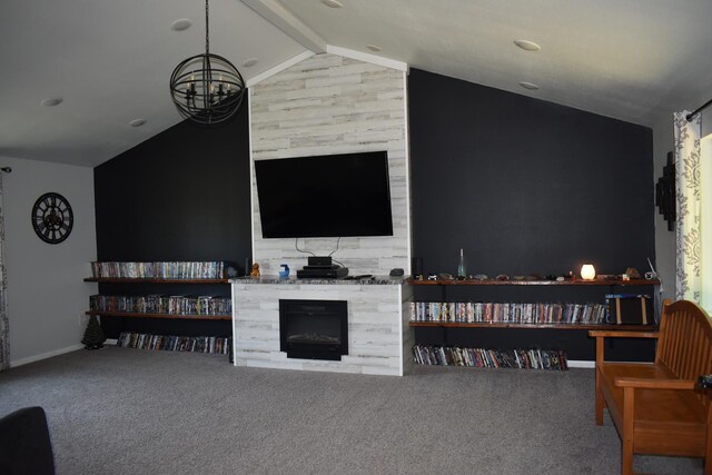 1706 Alcott Ave, Buse Twp, MN 56537 - living area featuring carpet flooring, a chandelier, a fireplace, and baseboards