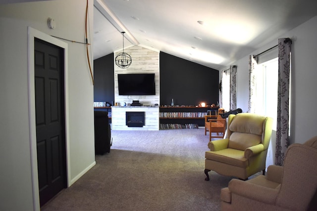1706 Alcott Ave, Buse Twp, MN 56537 - carpeted living room featuring vaulted ceiling and a fireplace