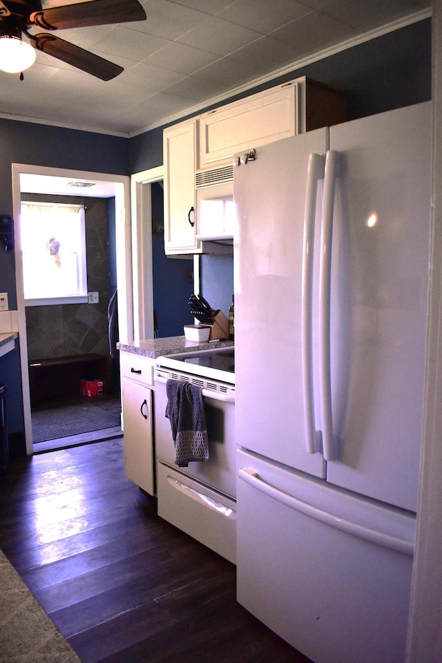 1706 Alcott Ave, Buse Twp, MN 56537 - kitchen with white appliances, white cabinetry, dark wood-style floors, and ceiling fan
