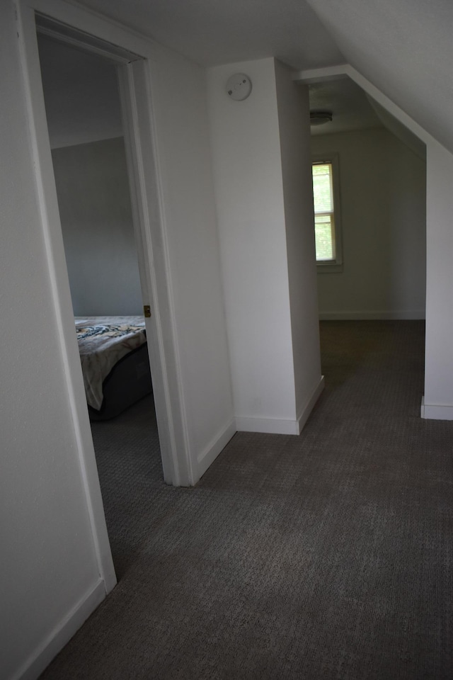 1706 Alcott Ave, Buse Twp, MN 56537 - additional living space featuring dark colored carpet, vaulted ceiling, and baseboards