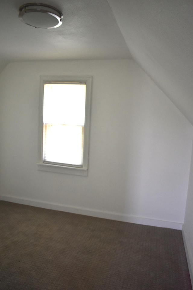 1706 Alcott Ave, Buse Twp, MN 56537 - additional living space featuring vaulted ceiling, dark carpet, and baseboards