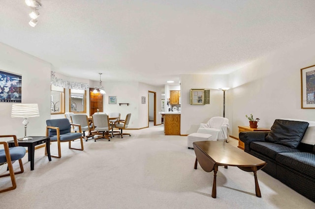 living area with light colored carpet and track lighting