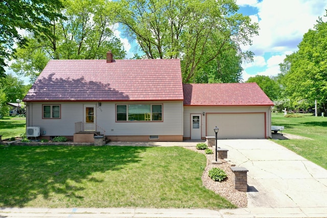 330 1st St W, Lake Lillian, MN 56253 - view of front of property with a garage, a front lawn, concrete driveway, a chimney, and a cooling unit
