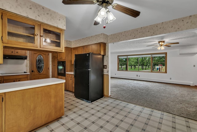 330 1st St W, Lake Lillian, MN 56253 - kitchen featuring black appliances, brown cabinetry, ceiling fan, light countertops, and under cabinet range hood