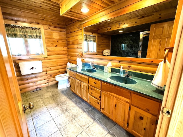 35918 410th Ave SE, Queen Twp, MN 56542 - bathroom featuring wooden ceiling, log walls, double vanity, toilet, and a stall shower