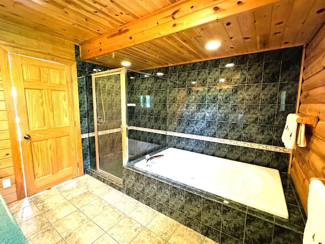 35918 410th Ave SE, Queen Twp, MN 56542 - full bathroom featuring a stall shower, a bath, tile patterned floors, and wood ceiling